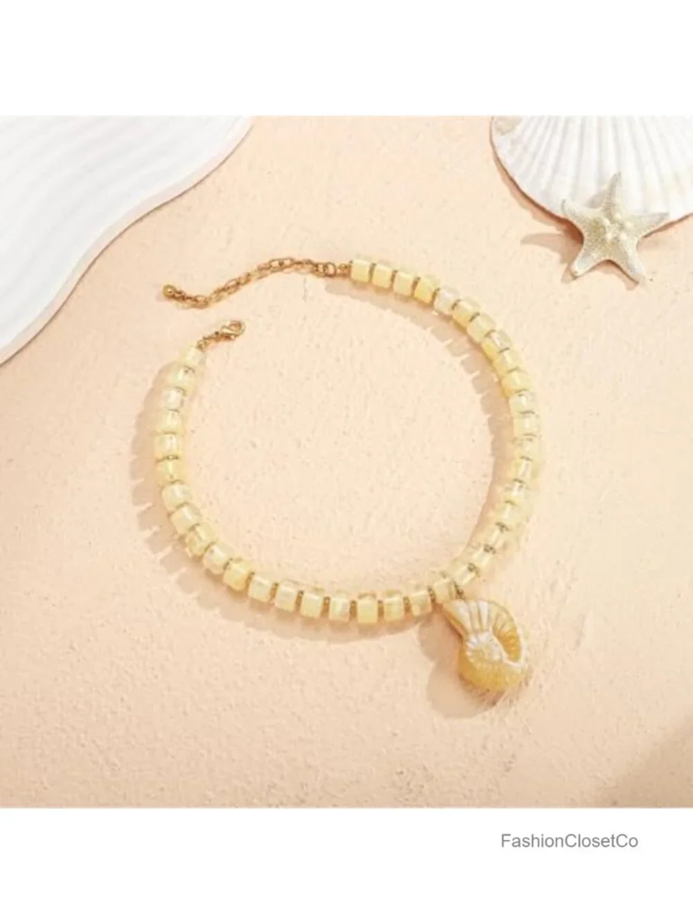 Chunky Resin Beaded Pendant Necklace, Bohemian Seashell Charm Choker, Summer